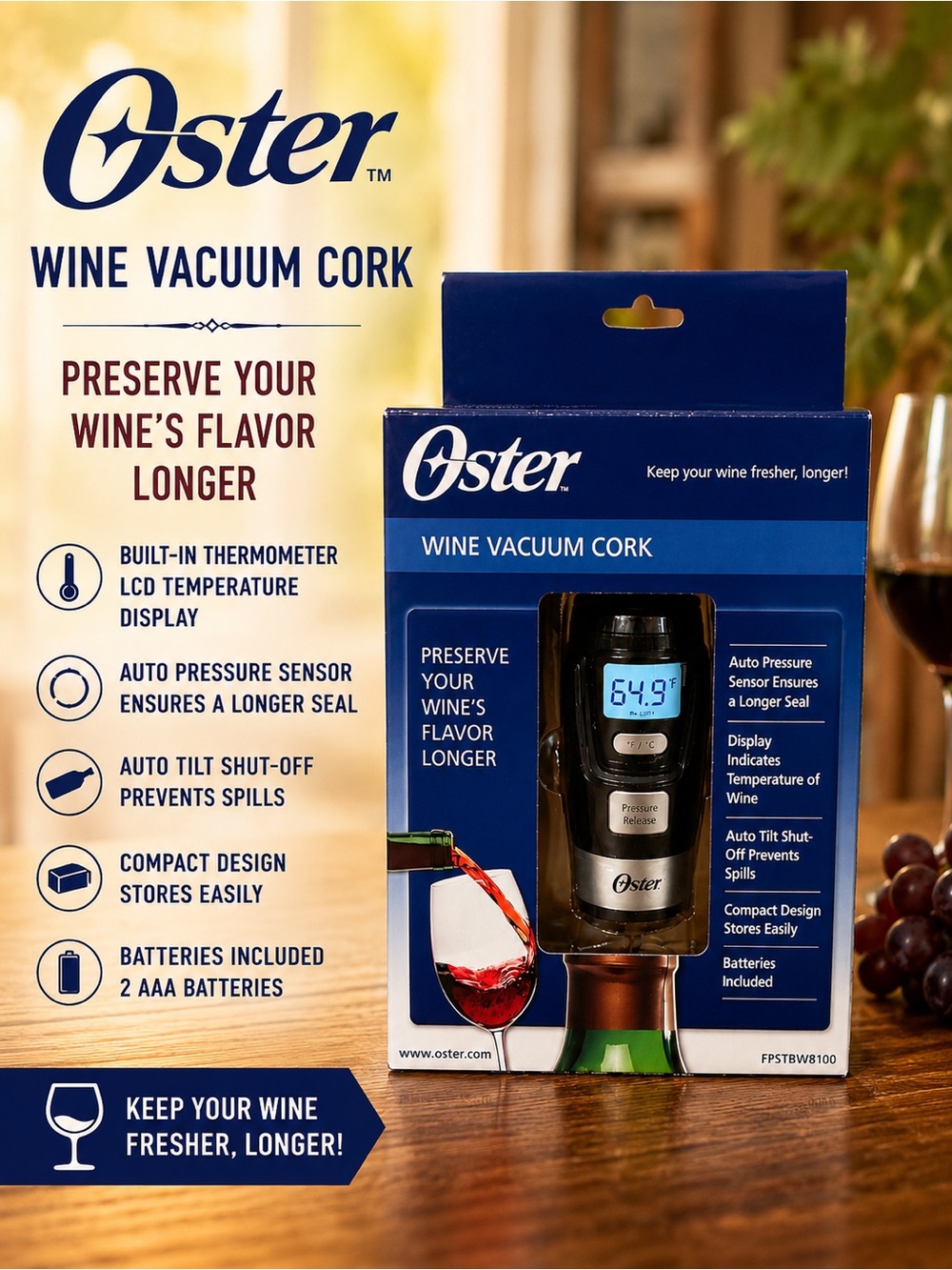 Oster Electronic Wine Vacuum Cork w/LCD Temperature Display | NIB